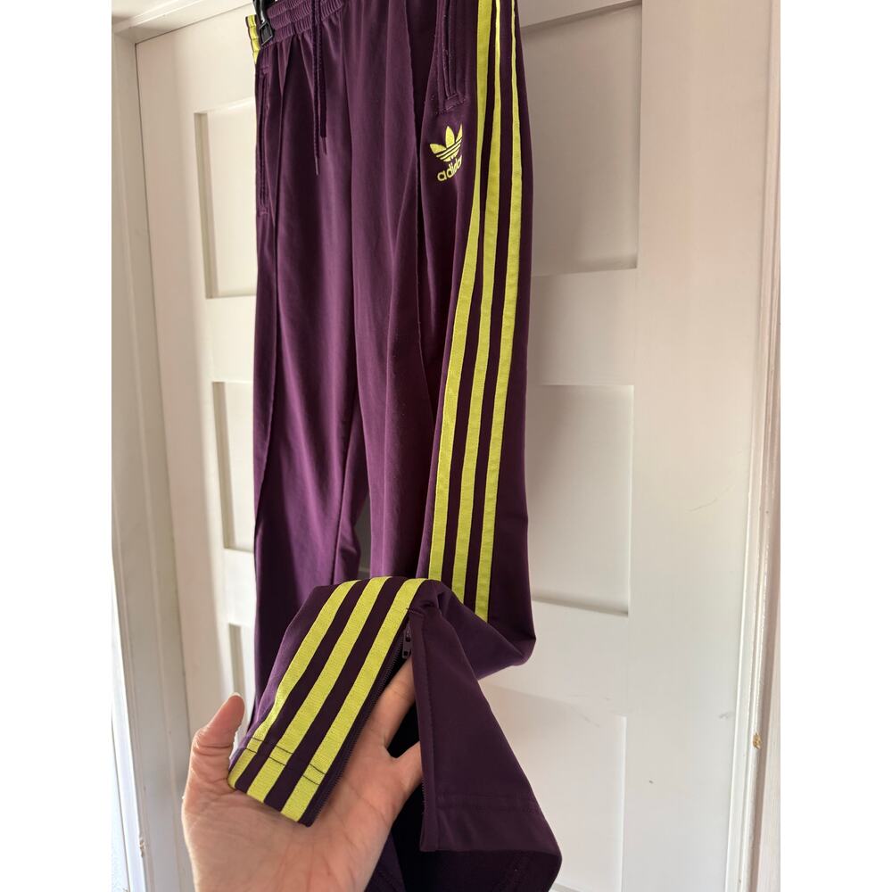 Vintage Adidas Track Pants Purple Neon Yellow 3 Stripe Y2K Zip Hem Joggers